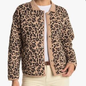 Kensie Jeans Collection Quilted Black/Brown Leopard Print Snap-Up Jacket M EUC